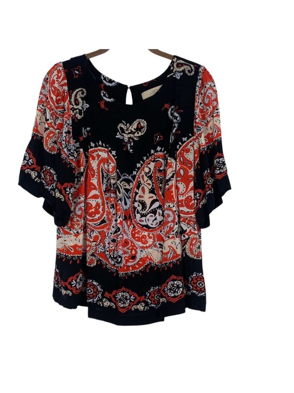 LOFT Women's Size M Red Paisley Blouse Flare Sleeves Rayon Boho - Picture 1 of 10
